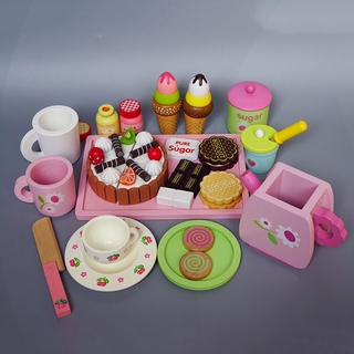 Girl pink toy wooden play house honestly tea cup teapot tray bottle jar knife cutting board (7)