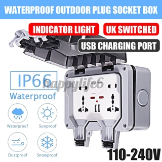 110-240V Outdoor Wall Socket BOX 13A IP66 Waterproof Double Universal / UK Switched Outlet With USB Charging Port