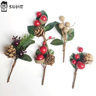 SUHE 5pcs New Pine Branch DIY Floral Greeting Card Decor Berry Pine Cone Cone Berry Home Decor High Quality Christmas Ornament Artificial Flower