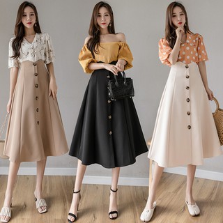 High Waist Fashion Korean Style Plus Size A-line Skirt Women Midi Swing Skirt Black Khaki Off-white