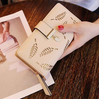 Women's Long Leaf Bifold Wallet Leather Hollow Card Holder Purse Clutch Handbag