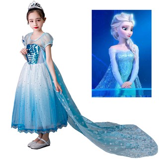 Girls Frozen Elsa Dress up Fantasy Short Sleeve O neck Sequin Snow Queen Cosplay