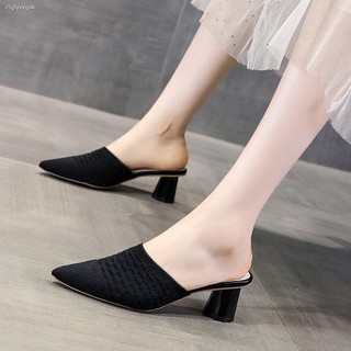 Low price◆❡Baotou half slippers female outer wear Korean knit mesh dressing shoes black pointed thic (4)