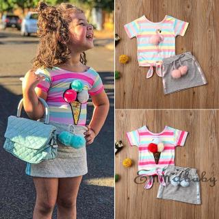 Emmababy 2pcs Toddler Kids Baby Girls Clothes Stripe T-Shirt Tops + Mini Dress Skirt Outfits Set