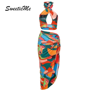 SweeticMe Women's 2021 New Halter Hollow Vest Fashion Printed Split Skirt Suit