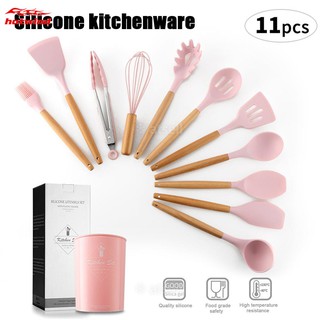 HW Silicone Kitchen Cooking Utensils Natural Wood Handle Cooking Tools Turner Tongs Spatula Spoon with Organizer