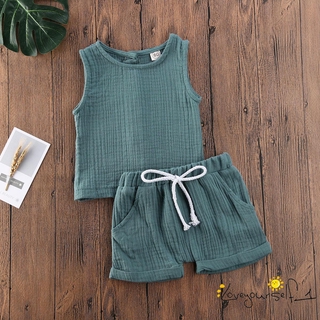 Loveq-Toddler Kids Baby Girls Boys Summer Solid Color Sleeveless Button-Down Tops T-shirt Shorts Outfits (5)