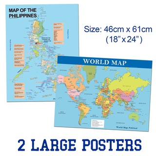 ✓Philippine Map + World Map Political Poster Chart 18” x 24 “ inch or 45cm x 61cm Map Philippines