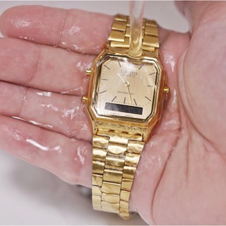 (AQ-230GA-9DMQ) Casio Vintage Gold Stainless Strap 30 Meter Dual Time Quartz Watch for woman