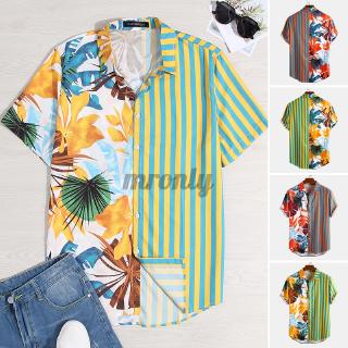 MR Mens Summer Casual Printed Patchwork Short Sleeve Baggy Lapel Top
