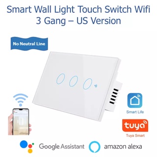 Smart WiFi Wall Light Touch Switch No Neutral Wire 3 Gang Tuya Smart Life 110-220V US Version