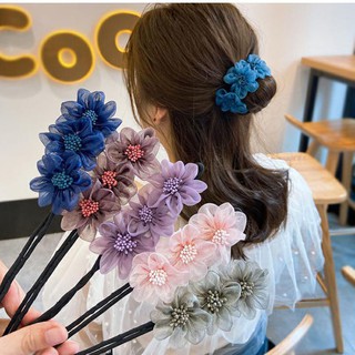 New Style Mesh Three-flower Ball Head Hair Iron Flower Simple Korean Plate Hair Stick Flower Bud Ponytail Female Hair Accessories (1)