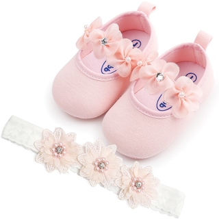 COD Ready Stock Girl Shoes +Headband Baby Girl Infants Flower Princess Shoes with Headwear