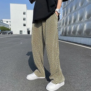 Ice Silk Wide-Leg Pants Men's Summer Thin High StreetinsTrendy Draping Effect Plaid Flower Mop Trousers Casual Pants