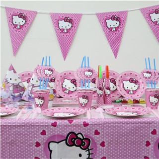 Cartoon Hello Kitty Theme Kids Birthday Party Decoration Favor Tableware Cup Plate Spoon Fork Tablecloth Flag Hats