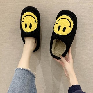 ❂❄♘Smiley face autumn and winter plush plush couple cotton slippers female bag with home cute thick- (3)