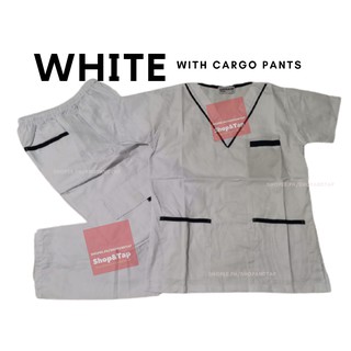 (S&TC) WHITE Piping with Cargo Pants Scrub Suit Set