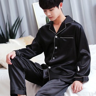 Men's Pajamas Long Sleeves Sleepwear Silk Nightclothes