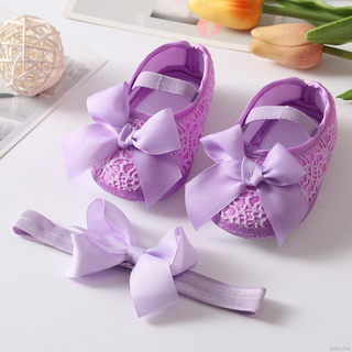 2PCS Baby Girl Satin Cloth Bowknot Princess Shoes Toddler Soft Sole Walking Shoes Headband Set