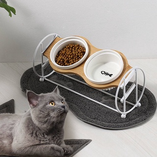 Cat Bowl Ceramic Double Bowl Cat Food Basin High Leg Solid Wood Dog Bowl Rack Eating Drinking Bowl Oblique Mouth Neck Protection Cat Food Holder Pet products pet life