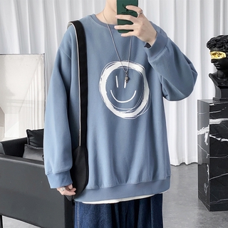【M-5XL】2020 Smiley Printed Long Sleeve Tshirts For Men Fashion Plus Size Loose Sweater Casual Korean Tops Tees Plain Color Male Sweatshirt Autumn Round Neck Mens Apparel