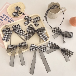New Thousand Birds Plaid Bow Hairpin Female Lace Streamer Hairpin Black and White Color Combination BB Clip Hair Band Korean Hair Accessories