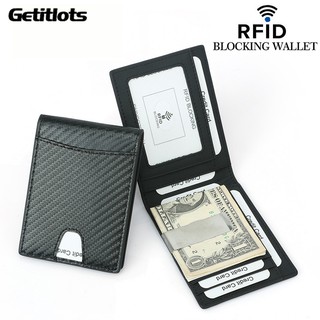 ◘✷○RFID Carbon Fiber Pattern Slim Money Clip for Men Leather Mini Wallet with Money Clips Small Wall