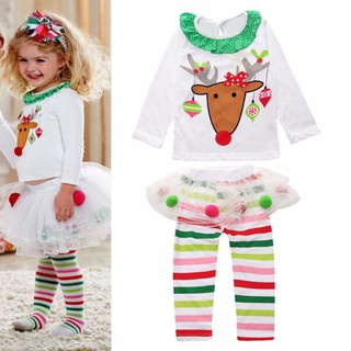 ✿Christmas✿Baby Kids Girls Christmas Clothes Deer Tops+Tutu Skirt Pants Outfits