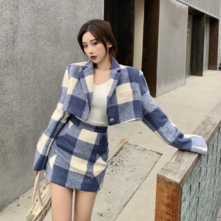 2021new Korean style short tweed jacket lattice skirt fashion two piece suit for women