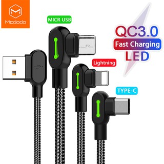 Mcdodo 100% Original USB LED Charging Cable 90 Degree For iPhone /Type-C/Micro USB for Xiaomi Android 2.4A Fast Charger Data Cord