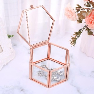 KING Hexagon Transparent Rose Gold Glass Ring Box Wedding Ring Box Geometric Clear Glass Jewelry Box Organizer TabletopHolder