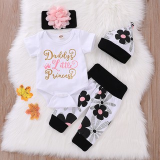 Baju Baby Clothing 4Pcs Set Baby Girl Romper Letter Print Floral Pants Baby Headband and Hat