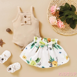 ✿KIDSUP✿Newborn Baby Girl Clothes Ruffle Solid Sleeveless Romper+Floral A-line Skirts Set