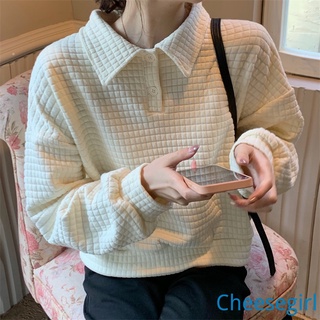 Korean fashion all-match Polo collar solid color sweater women's long-sleeved loose casual top