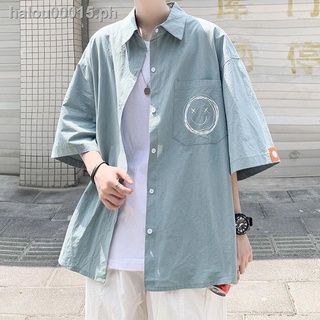 smart cover✢☢✑Short-sleeved shirt men s thin summer loose Hong Kong style Japanese smile shirt trend all-match casual jacket jacket