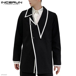 ◕∈INCERUN Men Fashion Irregular Style Contrast Color Long Sleeve Loose Long Blazer