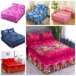 ✗✷Flamingo Bed Skirt Fitted BedSheet Purple Pattern Bed Cover Three-layer Bedspread Cotton Soft 180*200cm Pink Rose Design