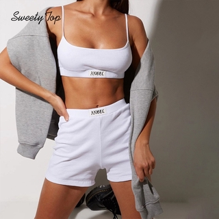 SweetyTop Fashion Letters Tagged Cropped Spaghetti Straps Tank Top High Waist Short Pants Women Slim Fit Sports Yoga Running Clothing Set