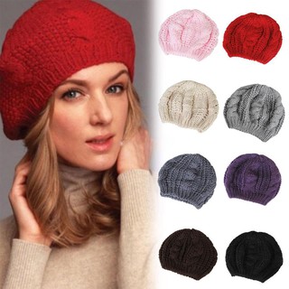 Women's Beret Solid Color Baggy Knit Crochet Beanie Hat Winter Warm Ski Cap B08