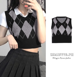 [Flash Sale] 3-Colors New Retro contrast diamond V-neck short plaid knitted sleeveless vest women