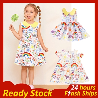 Rainbow Dress For Kid Girl Baby Girl OOTD Baby Dress Cute Doll Collar Printed Sleeveless Kids Dress Baby Girls Fashion Dresses Cartoons Dress Baby Girl