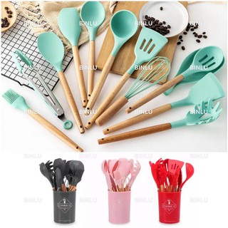 12pcs silicone cooking utensils set spatula shovel wooden handle cooking/kitchen tools storage,BINLU