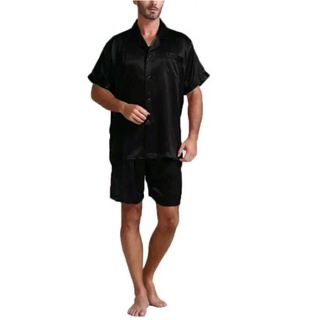 Men Fahion Summer 2Pcs Pajamas Suits Sets Satin Silk Short Sleeve Sleepwear Nightwear Homewear