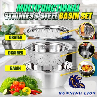 3in1 26cm bowl kitchenware kitchen MULTIFUNCTION stainless STEEL BASIN DRAIN BASKET kitchenware set (1)