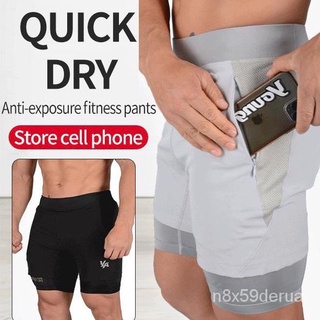 Men's Quick-Dry Elastic Double Layer Fake 2-Piece Shorts Sports Elasticity Pants wkPY