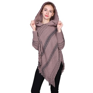 Plus Size Knitted Hooded Shawl Cloak Women Tassel Warm Long Sleeve Cape Coat Ponchos