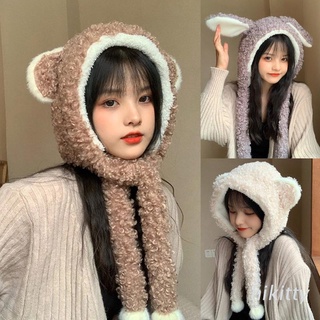 HIK Lovely Cute Bear/ Rabbit Ears Hat Warm Scarf Winter Fluffy Plush Windproof Hat
