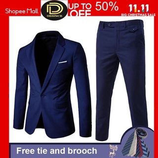 【Hot Stock】Ready 2PCS Men's Plus Size Formal Blazer Suit Slim Fit Tuxedo Coat Pants Wedding Groom
