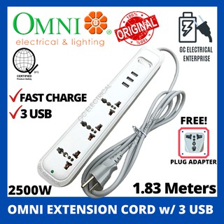 OMNI Travel Extension Cord with 3 USB Outlet USB-303 Omni Extension Wire Heavy Duty High Quality
