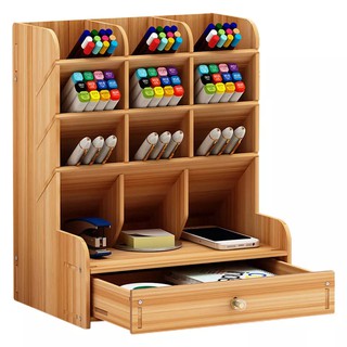Multi-function Wooden Desktop Pen Holder Office School Stationery Storage Case Desk Pen Pencil